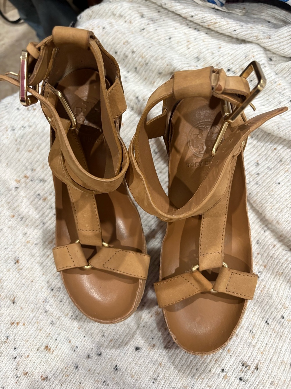 Tory Burch Cognac Leather Ankle-Strap Wedge Sandals